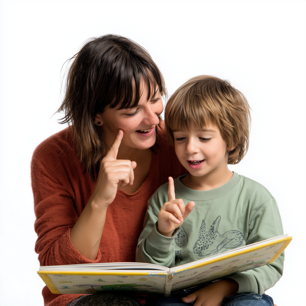 A mother reading a story out of a book to a child.