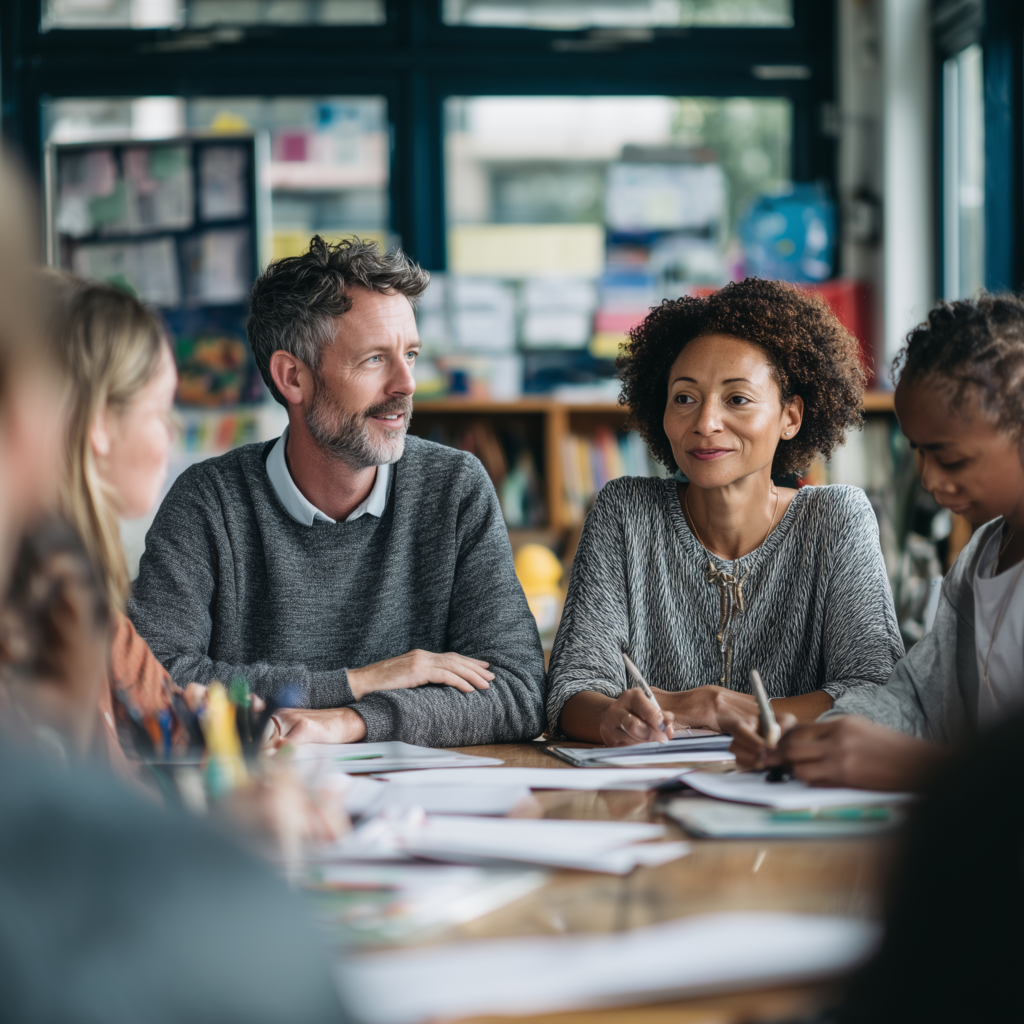 Parents and professionals at a table having a meeting