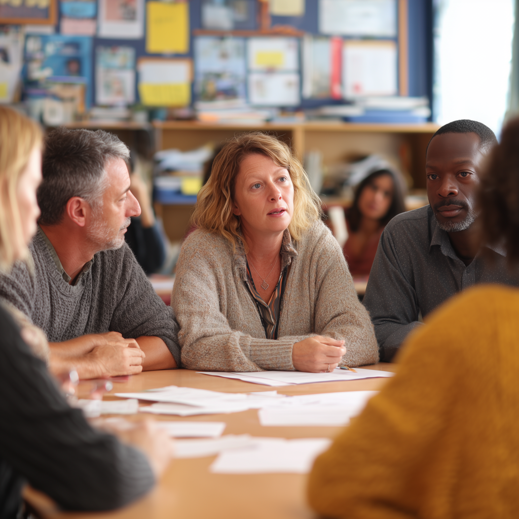 Photorealistic_documentary-style_photography_of_a_collab_82a10f49-7f6a-48eb-aaad-51227ff1da5d Parents discussing with professionals at a meeting