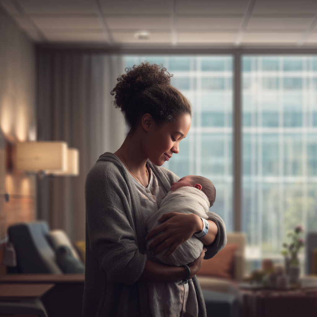 A calm loving parent holds a newborn in a hospital / clinic setting.