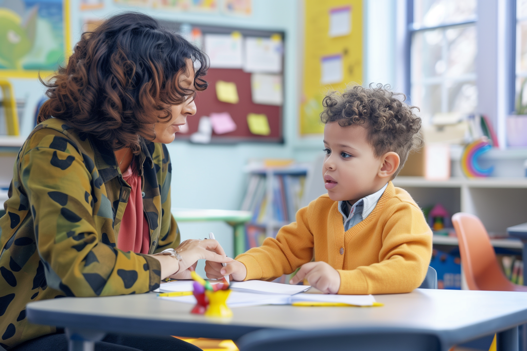 s_A_photorealistic_image_of_a_young_elementary_school_chil_d21c6a8a-7a20-4dcf-9a9c-ba0367fb0833 Young boy sitting at a desk with a woman, in a school setting. He is writing on the papers.